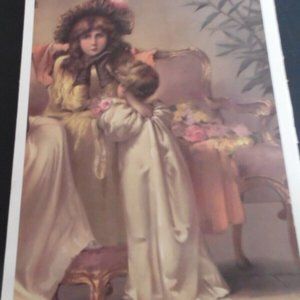 VINTAGE LITHO ART PRINT VICTORIAN STYLE "WAITING" MOTHER DAUGHTER POSTER D-393